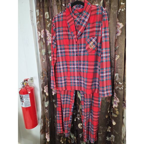 Ralph Lauren Womens Red Plaid Crest Christmas Pajama Pjs Set Top Pants Sz L - Picture 3 of 12